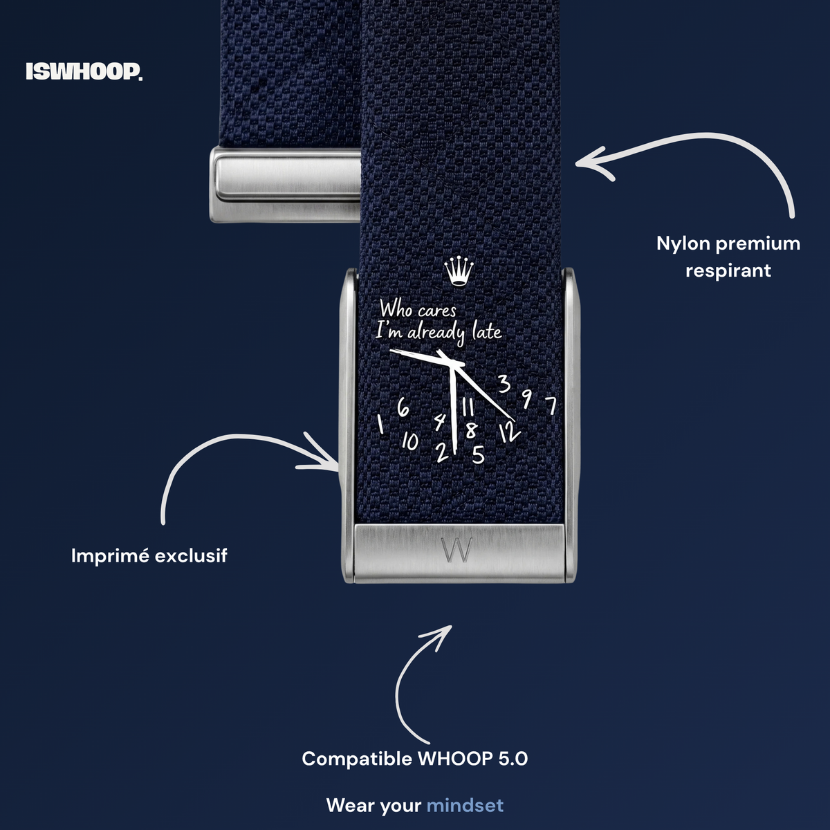 Bracelet pour WHOOP 5.0 "Who Cares I'm Late" Blue Denim